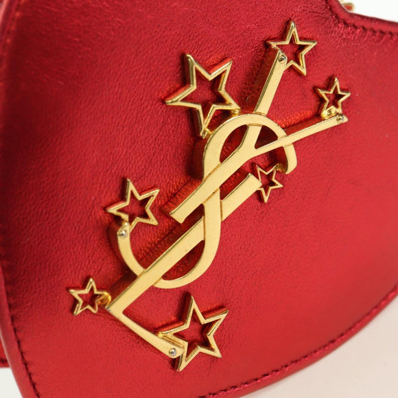 SAINT LAURENT Love Heart Chain Shoulder Bag Leather Red Gold Auth 179049V