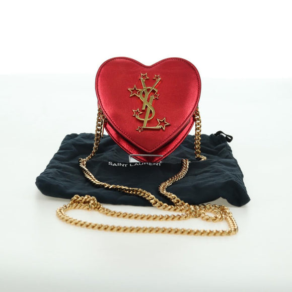 SAINT LAURENT Love Heart Chain Shoulder Bag Leather Red Gold Auth 179049V