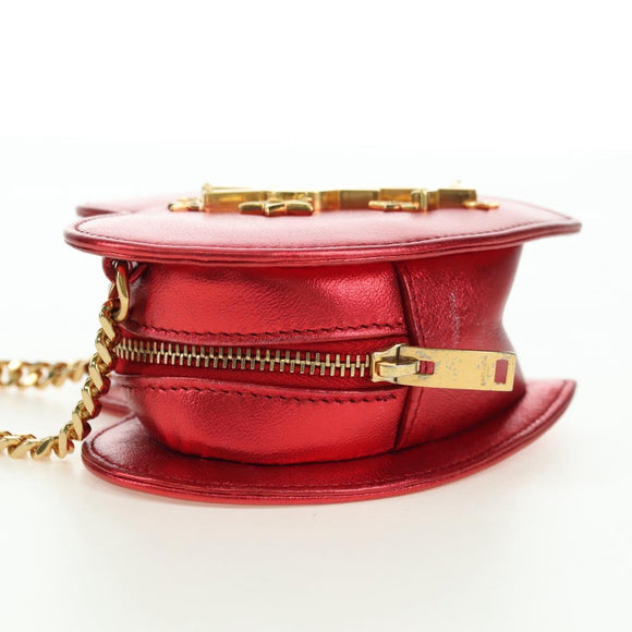 SAINT LAURENT Love Heart Chain Shoulder Bag Leather Red Gold Auth 179049V