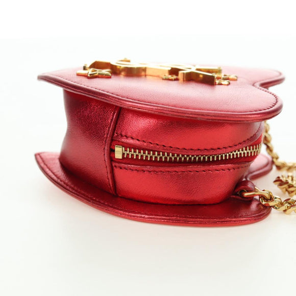 SAINT LAURENT Love Heart Chain Shoulder Bag Leather Red Gold Auth 179049V