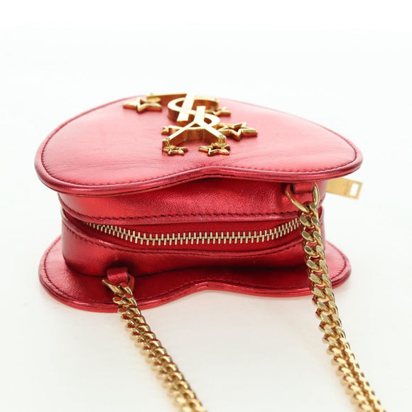 SAINT LAURENT Love Heart Chain Shoulder Bag Leather Red Gold Auth 179049V