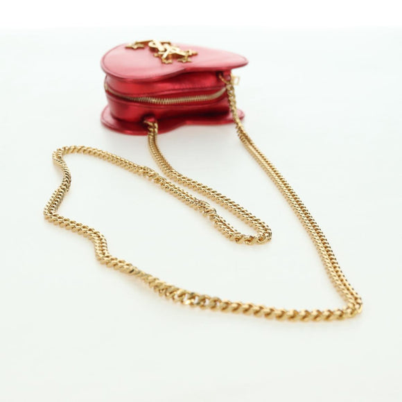 SAINT LAURENT Love Heart Chain Shoulder Bag Leather Red Gold Auth 179049V