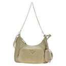 PRADA Chain Shoulder Bag Nylon 3way Beige Gold Auth 179052V-2