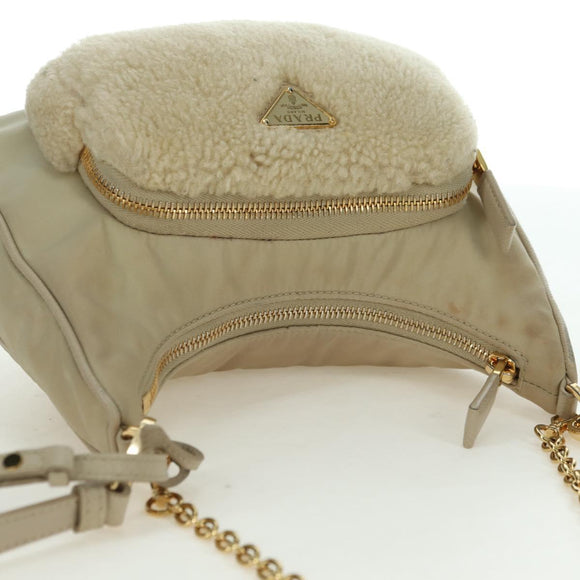PRADA Chain Shoulder Bag Nylon 3way Beige Gold Auth 179052V