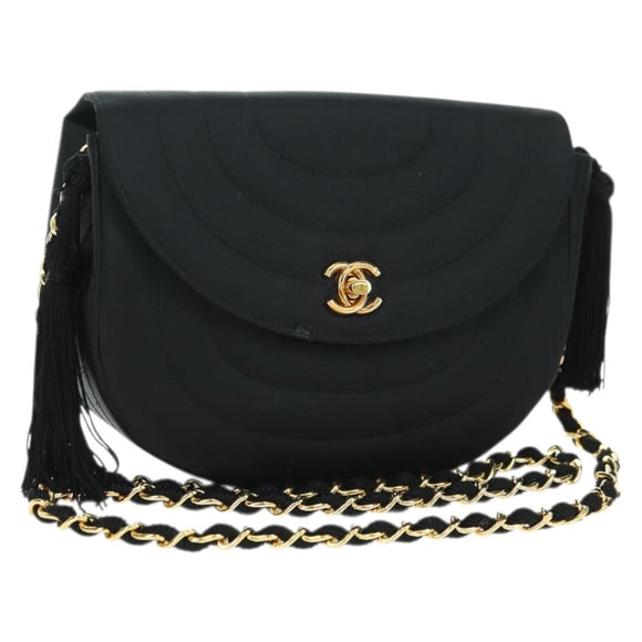 CHANEL Half Moon Chain Shoulder Bag Satin Black Gold CC Auth 179055SAV