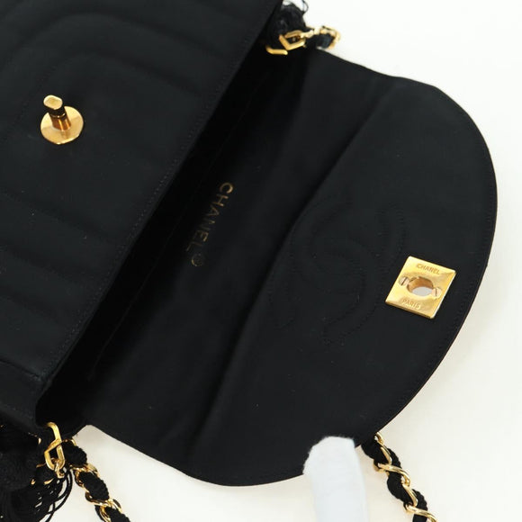 CHANEL Half Moon Chain Shoulder Bag Satin Black Gold CC Auth 179055SAV