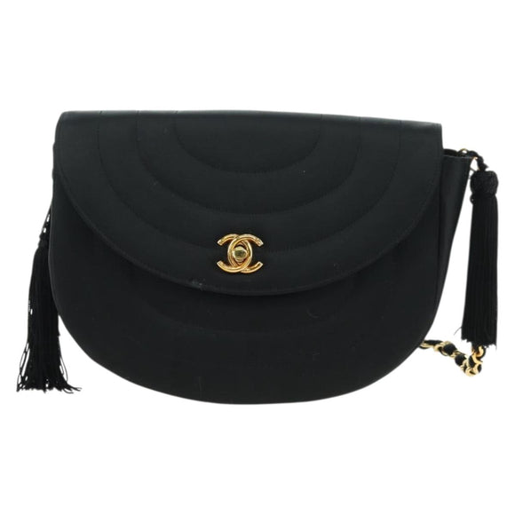 CHANEL Half Moon Chain Shoulder Bag Satin Black Gold CC Auth 179055SAV