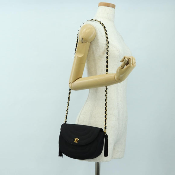 CHANEL Half Moon Chain Shoulder Bag Satin Black Gold CC Auth 179055SAV