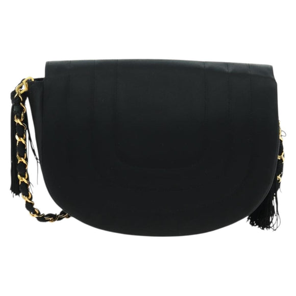 CHANEL Half Moon Chain Shoulder Bag Satin Black Gold CC Auth 179055SAV