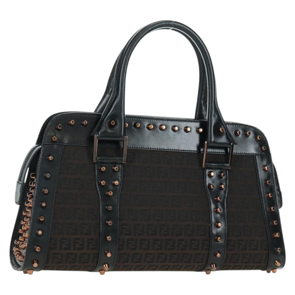 FENDI Zucchino Canvas Hand Bag Brown Silver Auth 179058V