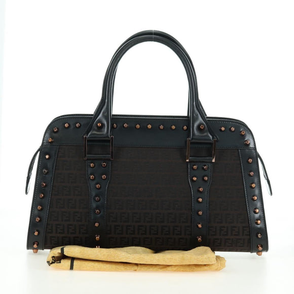FENDI Zucchino Canvas Hand Bag Brown Silver Auth 179058V