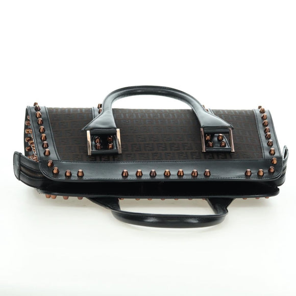 FENDI Zucchino Canvas Hand Bag Brown Silver Auth 179058V