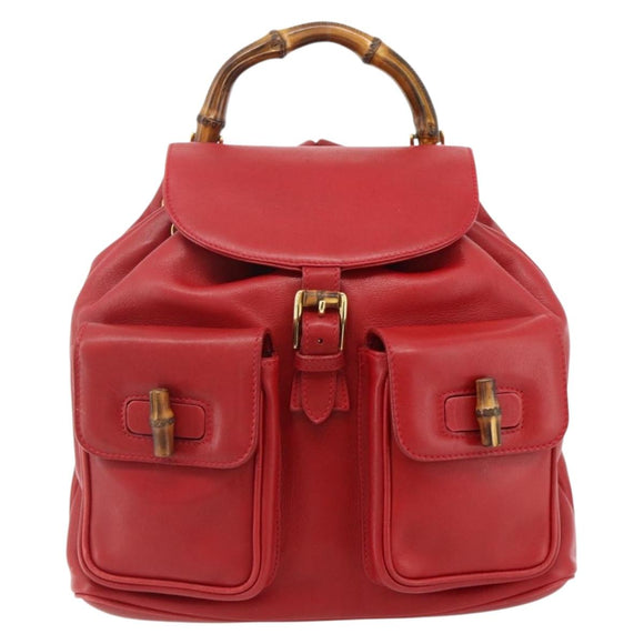 GUCCI Bamboo Backpack Leather Red Gold 003 2058 0016 Auth 179059A