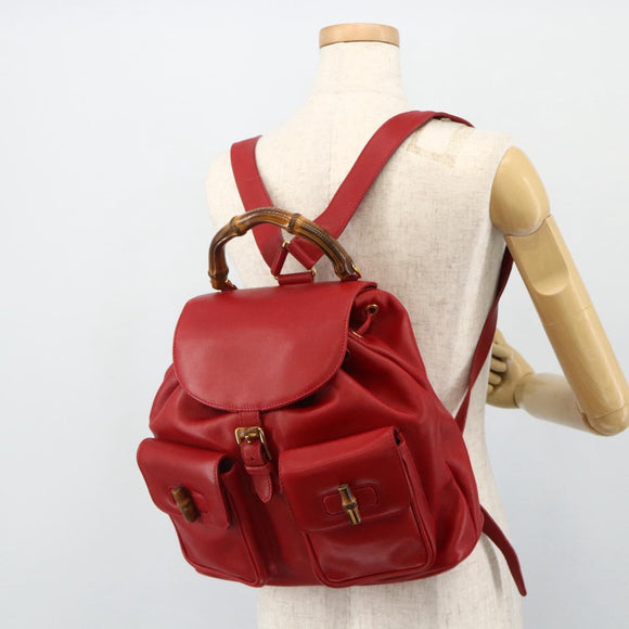 GUCCI Bamboo Backpack Leather Red Gold 003 2058 0016 Auth 179059A