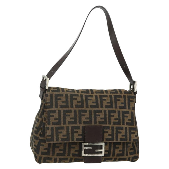FENDI Zucca Canvas Mamma Baguette Shoulder Bag Black Brown Auth 179060V