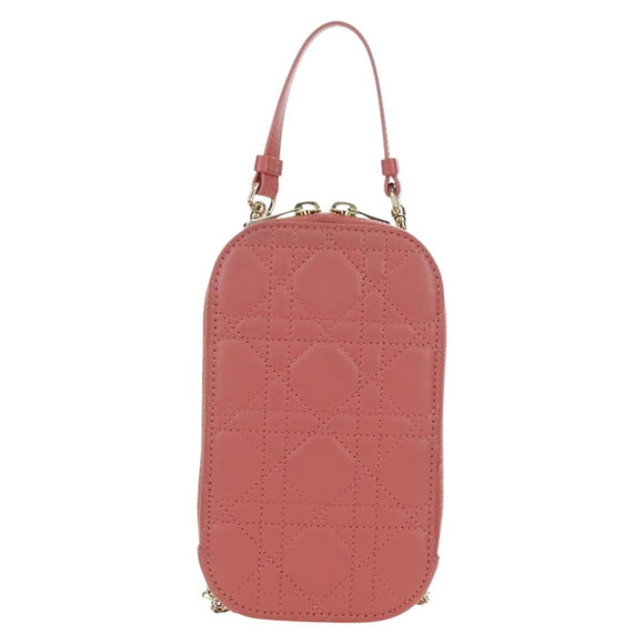 Christian Dior Cannage Chain Phone Pouch Bag Lamb Skin Pink Gold Auth 179066M