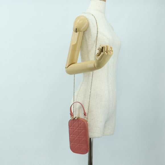 Christian Dior Cannage Chain Phone Pouch Bag Lamb Skin Pink Gold Auth 179066M