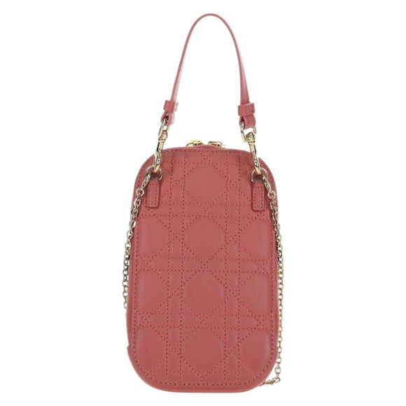 Christian Dior Cannage Chain Phone Pouch Bag Lamb Skin Pink Gold Auth 179066M