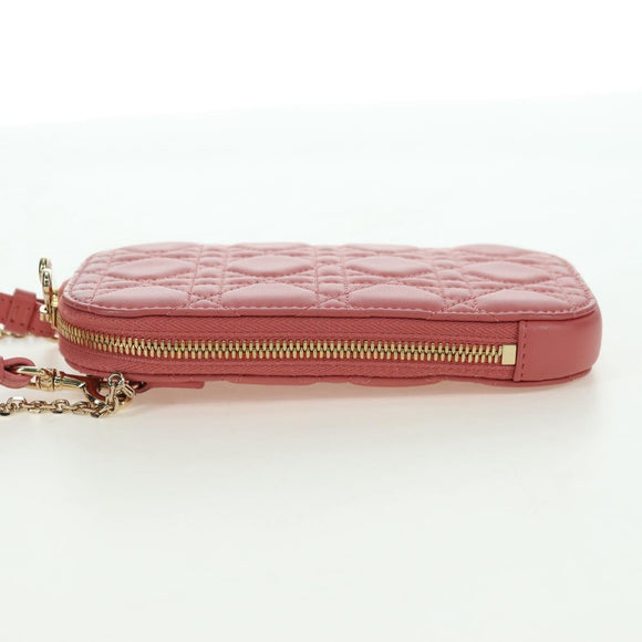 Christian Dior Cannage Chain Phone Pouch Bag Lamb Skin Pink Gold Auth 179066M