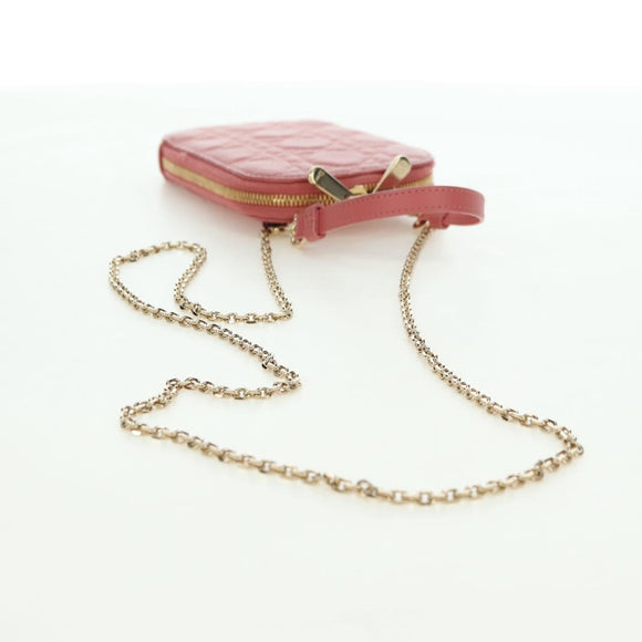 Christian Dior Cannage Chain Phone Pouch Bag Lamb Skin Pink Gold Auth 179066M
