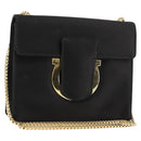 Salvatore Ferragamo Gancini Chain Shoulder Bag Satin Black Gold Auth 179087-1