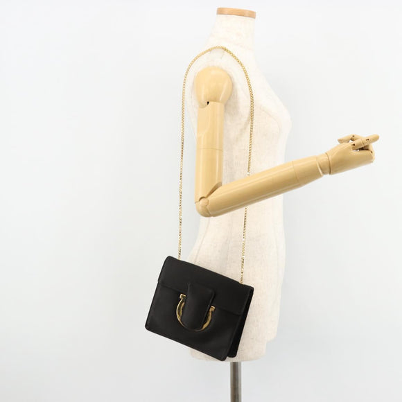 Salvatore Ferragamo Gancini Chain Shoulder Bag Satin Black Gold Auth 179087