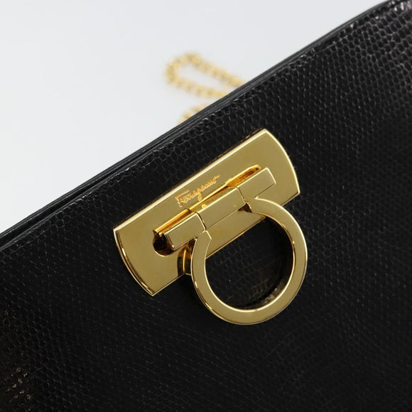 Salvatore Ferragamo Gancini Chain Bag Leather Embossed Black Gold Auth 179088A