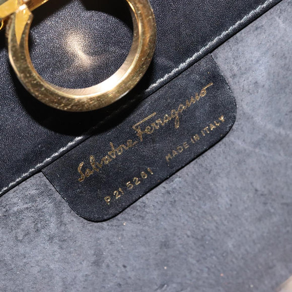 Salvatore Ferragamo Gancini Chain Bag Leather Embossed Black Gold Auth 179088A