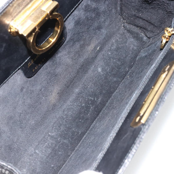 Salvatore Ferragamo Gancini Chain Bag Leather Embossed Black Gold Auth 179088A
