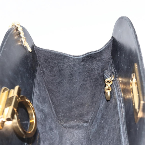 Salvatore Ferragamo Gancini Chain Bag Leather Embossed Black Gold Auth 179088A
