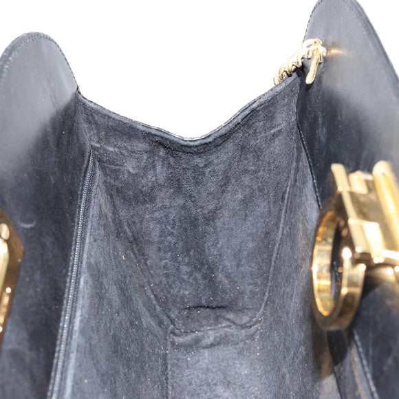 Salvatore Ferragamo Gancini Chain Bag Leather Embossed Black Gold Auth 179088A