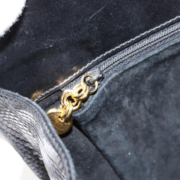 Salvatore Ferragamo Gancini Chain Bag Leather Embossed Black Gold Auth 179088A