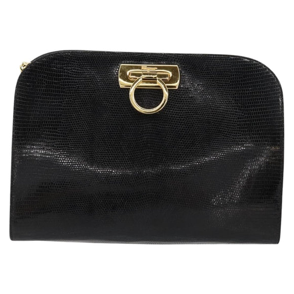 Salvatore Ferragamo Gancini Chain Bag Leather Embossed Black Gold Auth 179088A