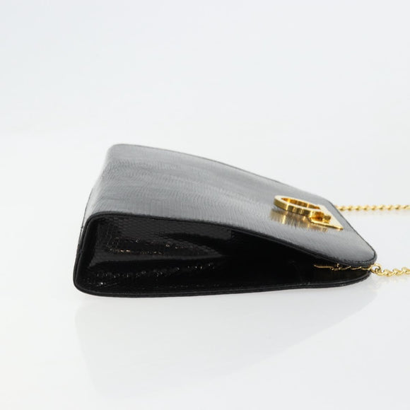 Salvatore Ferragamo Gancini Chain Bag Leather Embossed Black Gold Auth 179088A