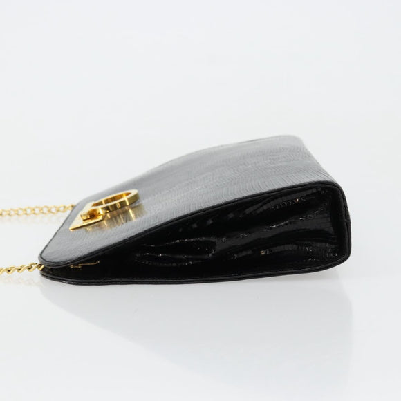 Salvatore Ferragamo Gancini Chain Bag Leather Embossed Black Gold Auth 179088A