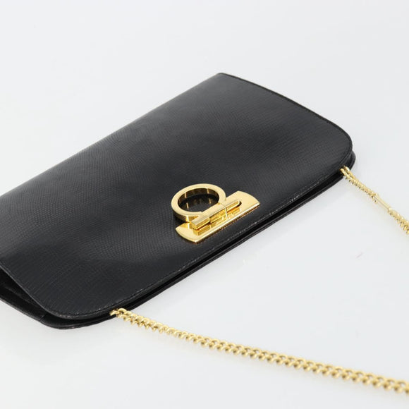 Salvatore Ferragamo Gancini Chain Bag Leather Embossed Black Gold Auth 179088A