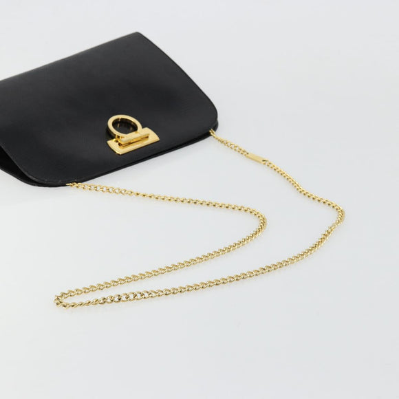 Salvatore Ferragamo Gancini Chain Bag Leather Embossed Black Gold Auth 179088A