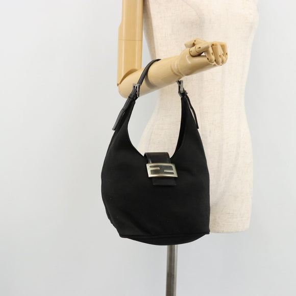 FENDI Mamma Baguette Shoulder Bag Nylon Black Silver Auth 179099