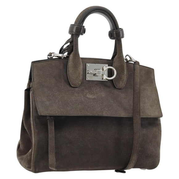 Salvatore Ferragamo Gancini Studio Hand Bag Suede 2way Gray Silver Auth 179102A
