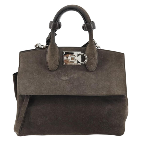 Salvatore Ferragamo Gancini Studio Hand Bag Suede 2way Gray Silver Auth 179102A