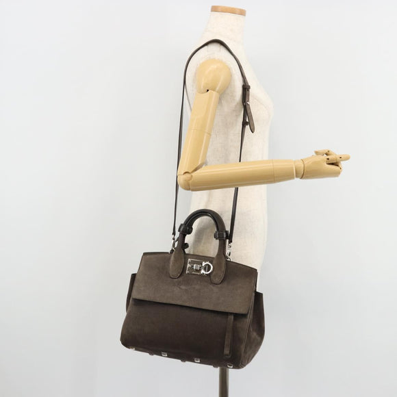 Salvatore Ferragamo Gancini Studio Hand Bag Suede 2way Gray Silver Auth 179102A