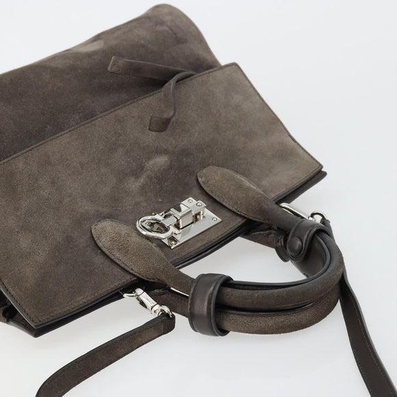 Salvatore Ferragamo Gancini Studio Hand Bag Suede 2way Gray Silver Auth 179102A