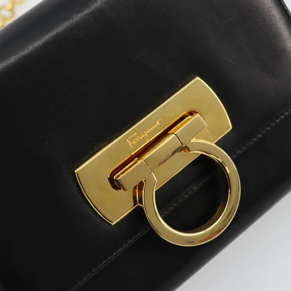 Salvatore Ferragamo Gancini Chain Shoulder Bag Leather Black Gold Auth 179103