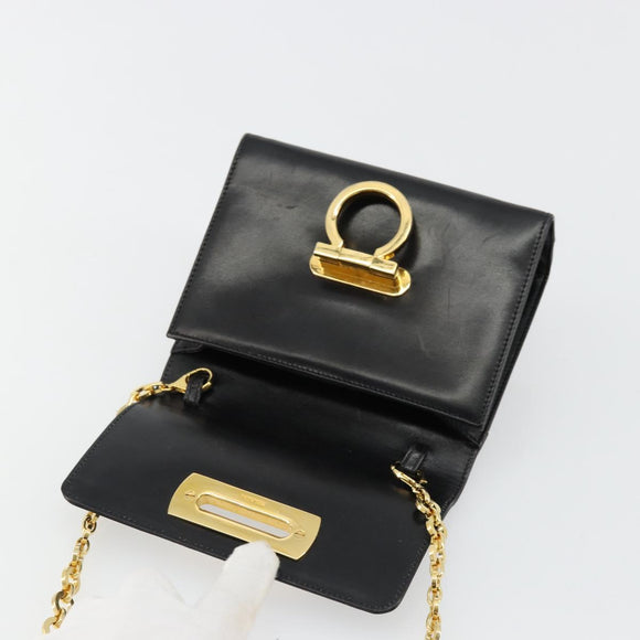 Salvatore Ferragamo Gancini Chain Shoulder Bag Leather Black Gold Auth 179103