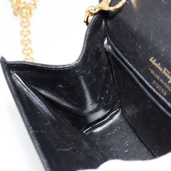 Salvatore Ferragamo Gancini Chain Shoulder Bag Leather Black Gold Auth 179103