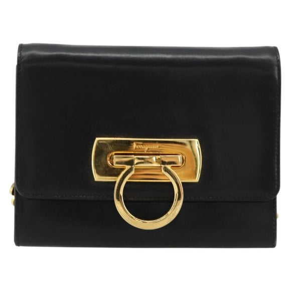 Salvatore Ferragamo Gancini Chain Shoulder Bag Leather Black Gold Auth 179103
