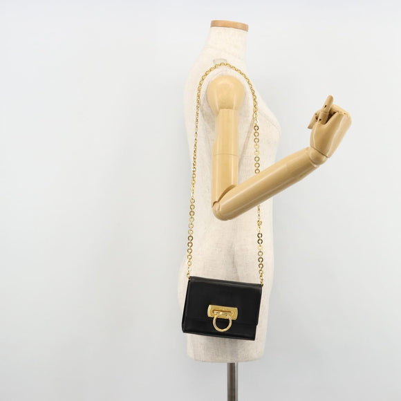 Salvatore Ferragamo Gancini Chain Shoulder Bag Leather Black Gold Auth 179103