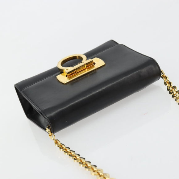 Salvatore Ferragamo Gancini Chain Shoulder Bag Leather Black Gold Auth 179103