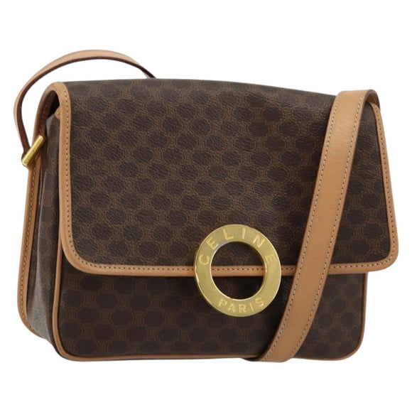 CELINE Macadam Canvas Cirkel Schoudertas PVC Leer Bruin Goud Auth 179136A
