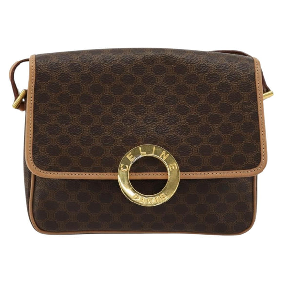 CELINE Macadam Canvas Cirkel Schoudertas PVC Leer Bruin Goud Auth 179136A